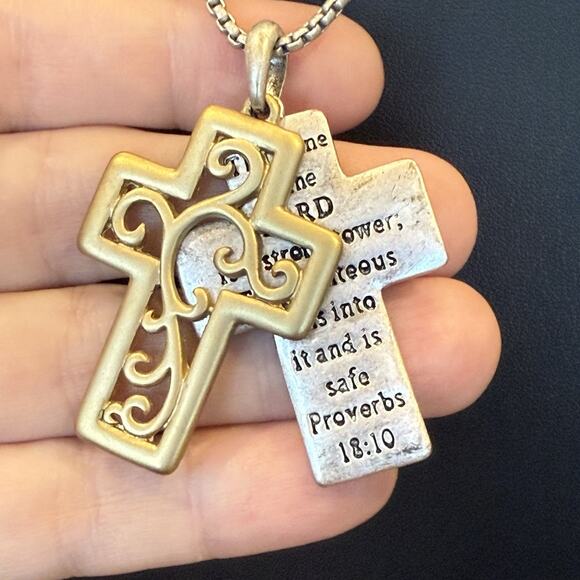 Proverbs 18:10 Religious Slide Cross Filigree Pendant Necklace Two Tone 18-20” - Picture 3 of 6
